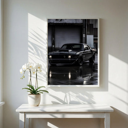Black Mustang Print | Classic Muscle Car Art | Dark Urban Poster | Edgy Garage Decor | Moody Automotive Wall Art