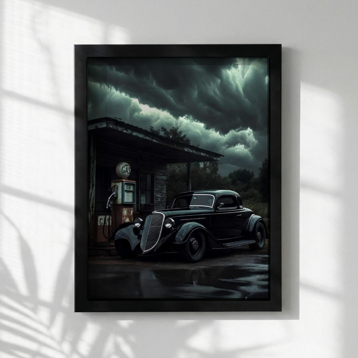 Dark Vintage Car Print | Stormy Gas Station Art | Edgy Garage Decor | Classic Hot Rod Poster | Moody Automotive Art