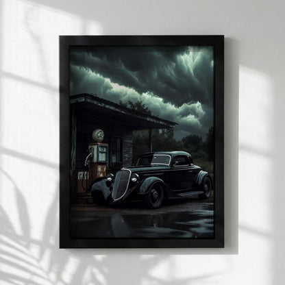 Dark Vintage Car Print | Stormy Gas Station Art | Edgy Garage Decor | Classic Hot Rod Poster | Moody Automotive Art