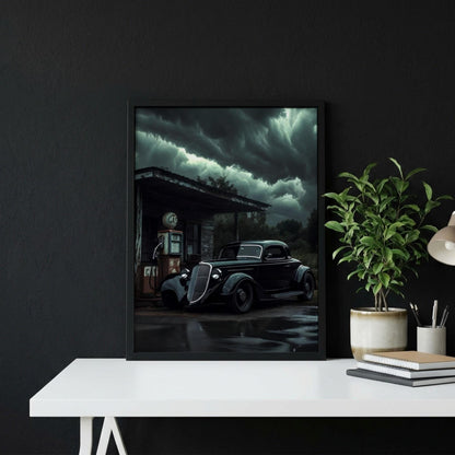 Dark Vintage Car Print | Stormy Gas Station Art | Edgy Garage Decor | Classic Hot Rod Poster | Moody Automotive Art