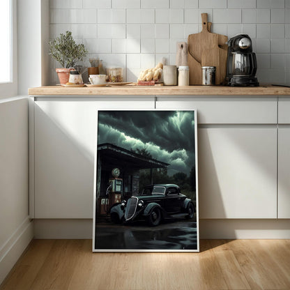 Dark Vintage Car Print | Stormy Gas Station Art | Edgy Garage Decor | Classic Hot Rod Poster | Moody Automotive Art