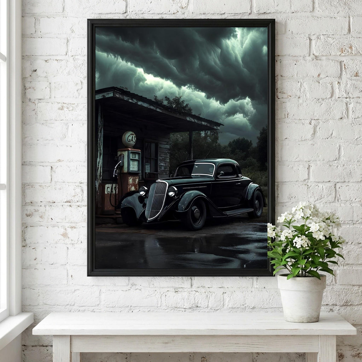 Dark Vintage Car Print | Stormy Gas Station Art | Edgy Garage Decor | Classic Hot Rod Poster | Moody Automotive Art
