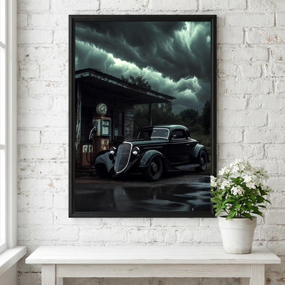 Dark Vintage Car Print | Stormy Gas Station Art | Edgy Garage Decor | Classic Hot Rod Poster | Moody Automotive Art