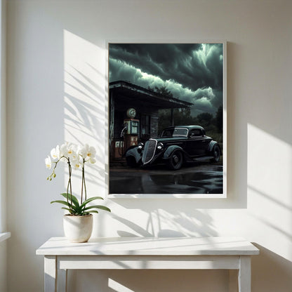 Dark Vintage Car Print | Stormy Gas Station Art | Edgy Garage Decor | Classic Hot Rod Poster | Moody Automotive Art