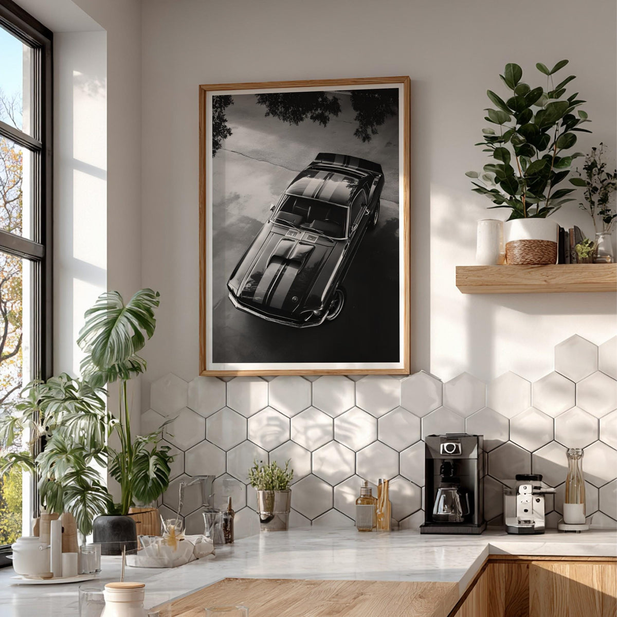 Black Muscle Car Print | High Angle Auto Poster | Classic Mustang Art | Edgy Garage Decor | Dark Cinematic Wall Art