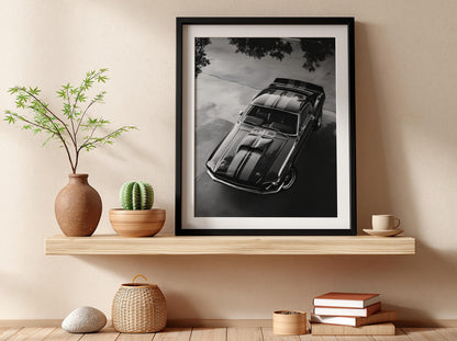 Black Muscle Car Print | High Angle Auto Poster | Classic Mustang Art | Edgy Garage Decor | Dark Cinematic Wall Art