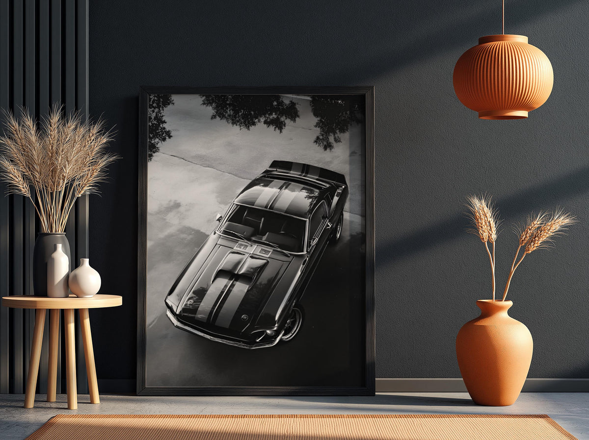 Black Muscle Car Print | High Angle Auto Poster | Classic Mustang Art | Edgy Garage Decor | Dark Cinematic Wall Art