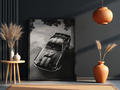Black Muscle Car Print | High Angle Auto Poster | Classic Mustang Art | Edgy Garage Decor | Dark Cinematic Wall Art