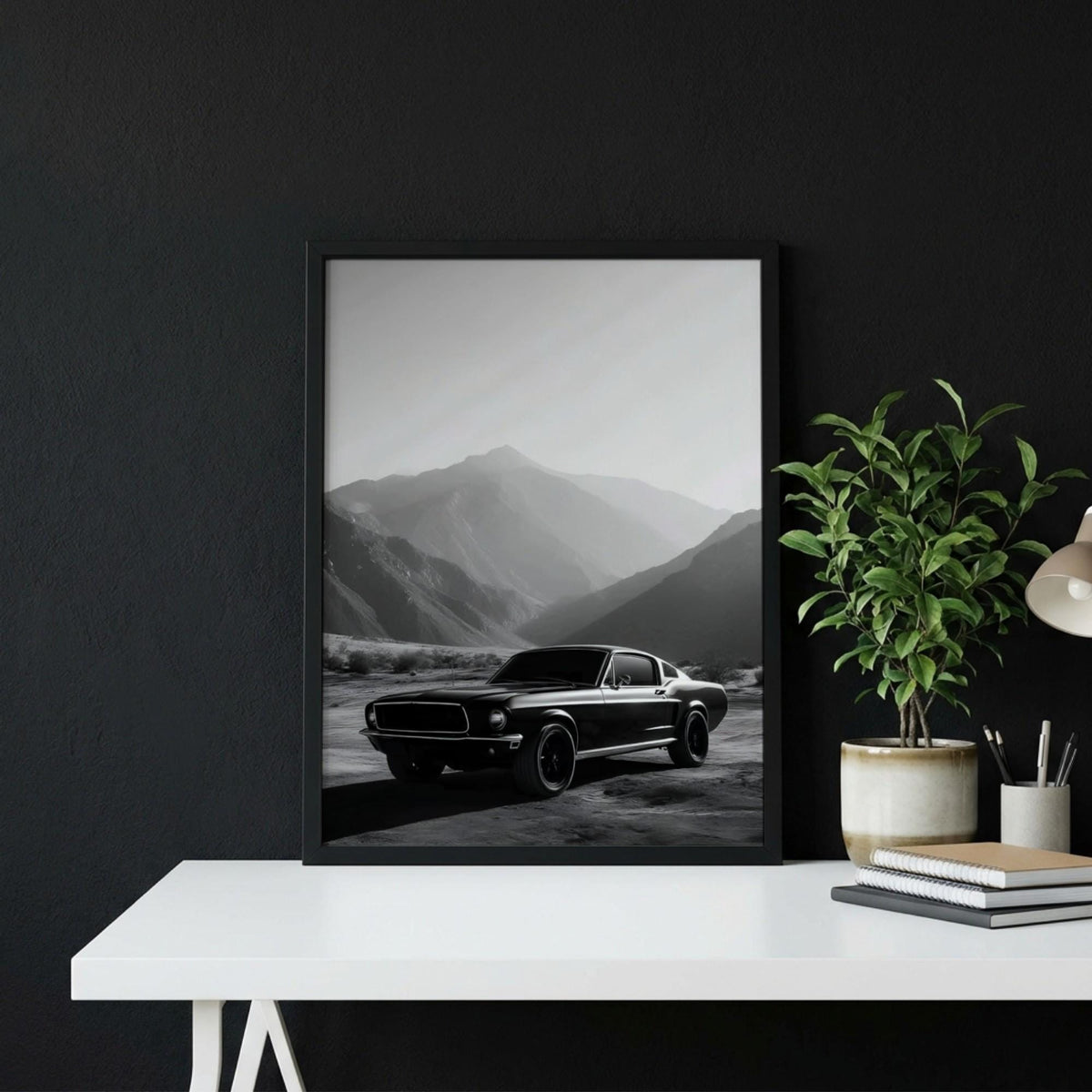 Classic Muscle Car Print | Mountain Landscape Wall Art | Dark Cinematic Poster | Edgy Garage Decor | Black and White Auto Art