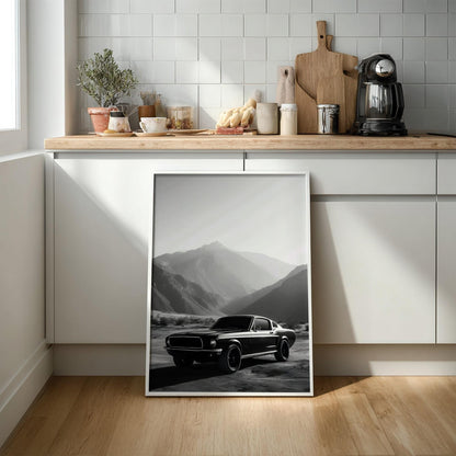 Classic Muscle Car Print | Mountain Landscape Wall Art | Dark Cinematic Poster | Edgy Garage Decor | Black and White Auto Art