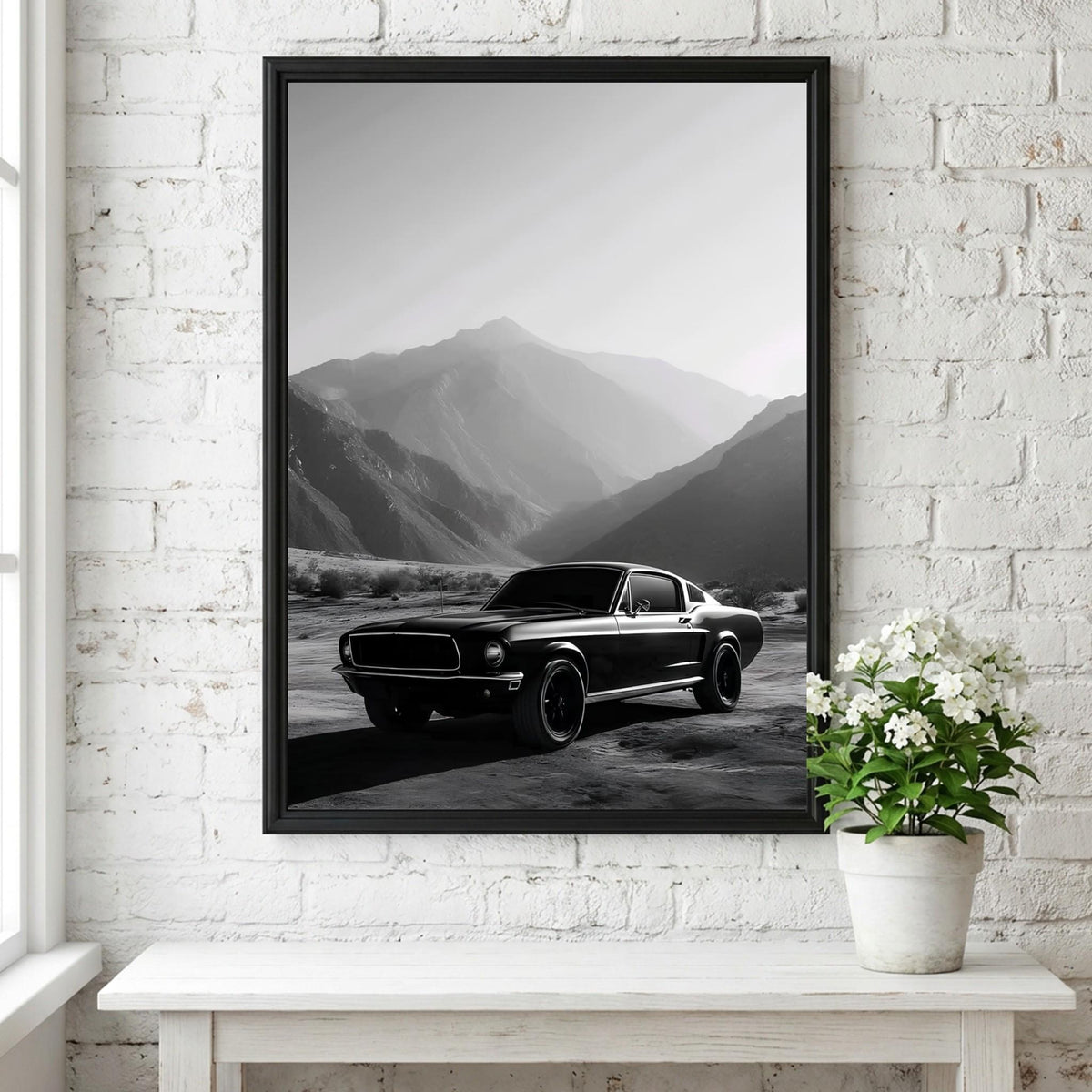 Classic Muscle Car Print | Mountain Landscape Wall Art | Dark Cinematic Poster | Edgy Garage Decor | Black and White Auto Art