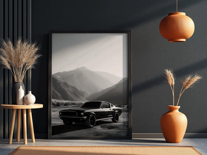 Classic Muscle Car Print | Mountain Landscape Wall Art | Dark Cinematic Poster | Edgy Garage Decor | Black and White Auto Art