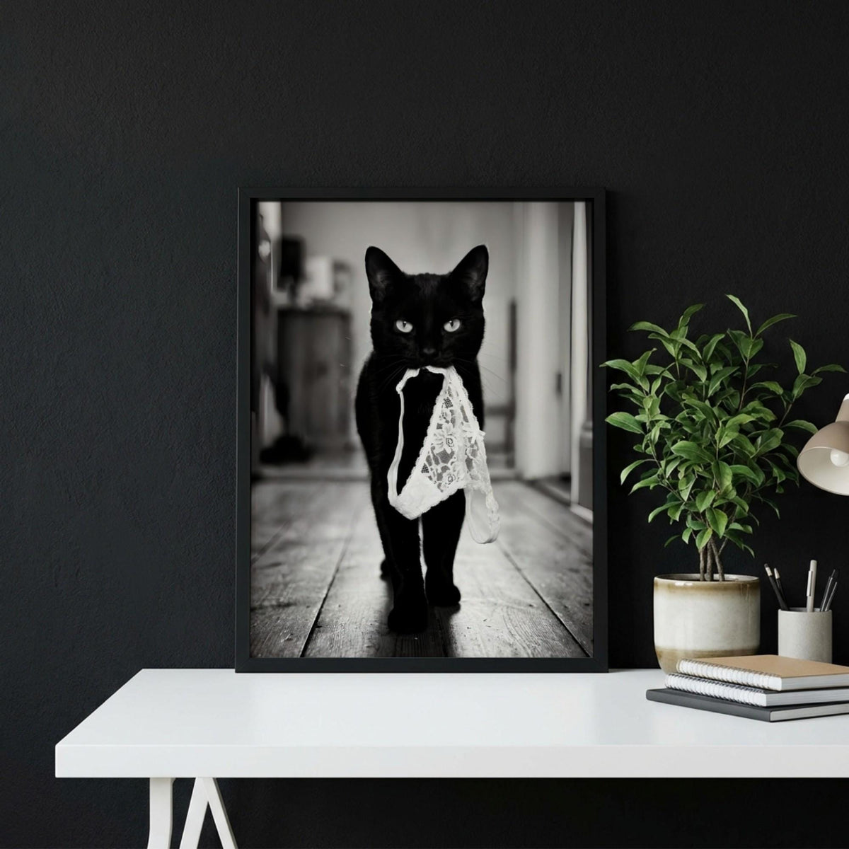 Black Cat Lingerie Print | Funny Cat Wall Art | Black and White Animal Poster | Quirky Pet Decor | Naughty Cat Print