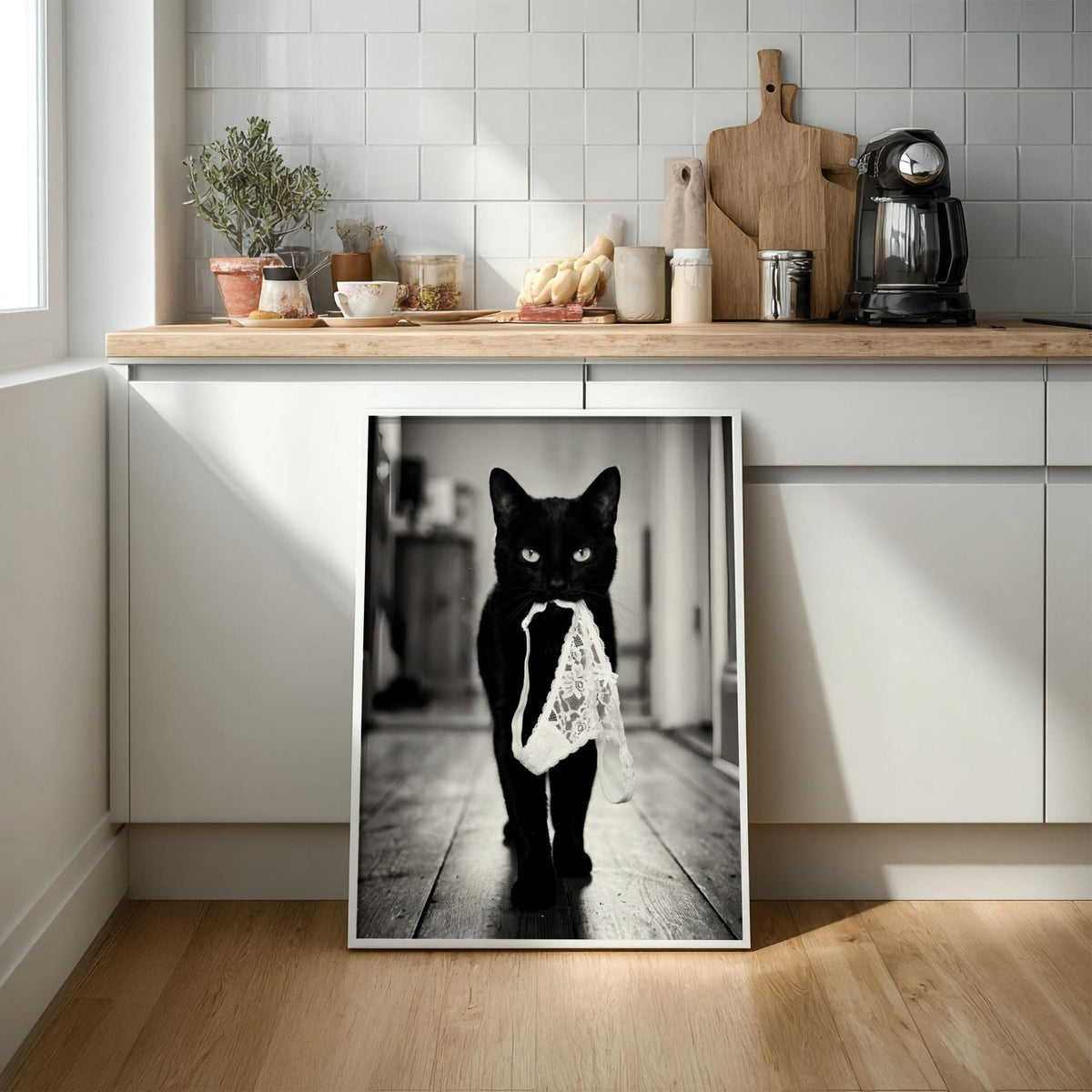 Black Cat Lingerie Print | Funny Cat Wall Art | Black and White Animal Poster | Quirky Pet Decor | Naughty Cat Print