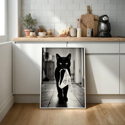 Black Cat Lingerie Print | Funny Cat Wall Art | Black and White Animal Poster | Quirky Pet Decor | Naughty Cat Print