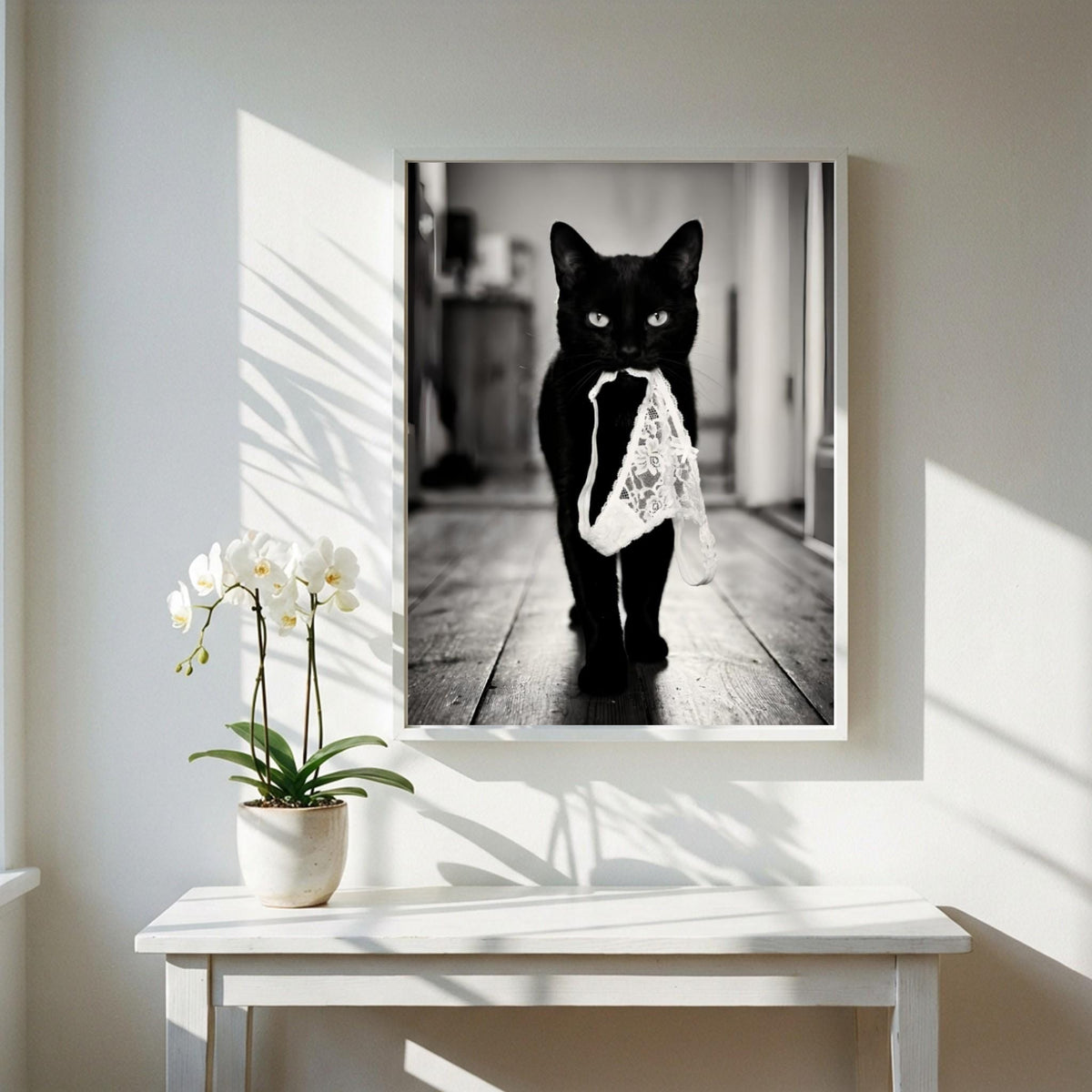 Black Cat Lingerie Print | Funny Cat Wall Art | Black and White Animal Poster | Quirky Pet Decor | Naughty Cat Print