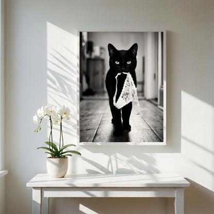 Black Cat Lingerie Print | Funny Cat Wall Art | Black and White Animal Poster | Quirky Pet Decor | Naughty Cat Print