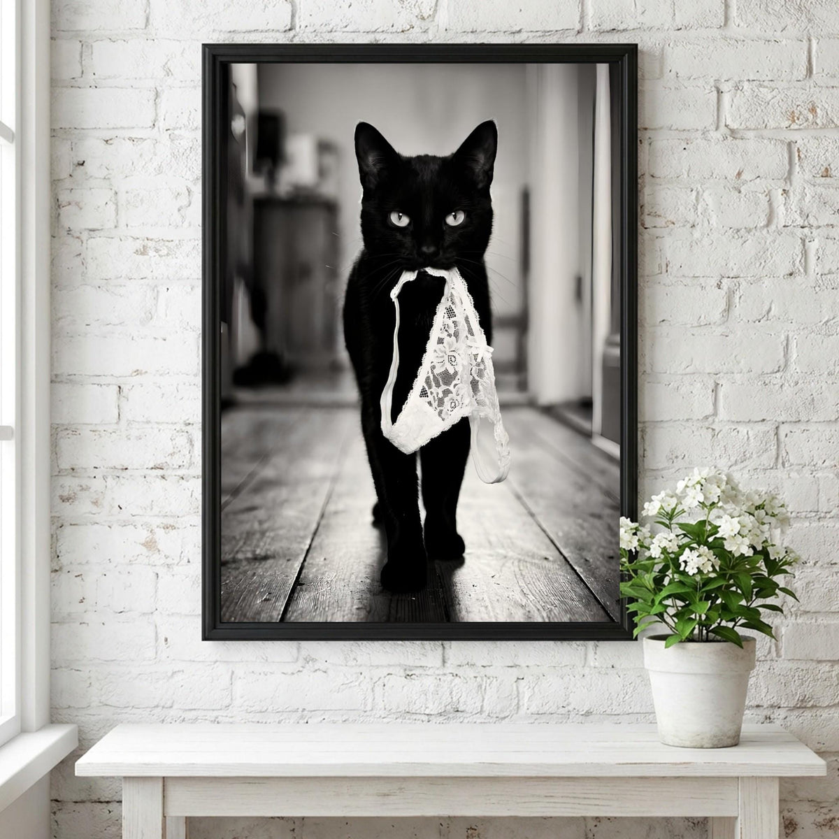 Black Cat Lingerie Print | Funny Cat Wall Art | Black and White Animal Poster | Quirky Pet Decor | Naughty Cat Print