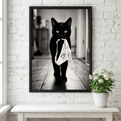 Black Cat Lingerie Print | Funny Cat Wall Art | Black and White Animal Poster | Quirky Pet Decor | Naughty Cat Print