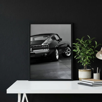 Classic Mustang Fastback Print | Black and White Muscle Car Art | Rear View Auto Poster | Edgy Garage Decor | Dark Cinematic Wall Art