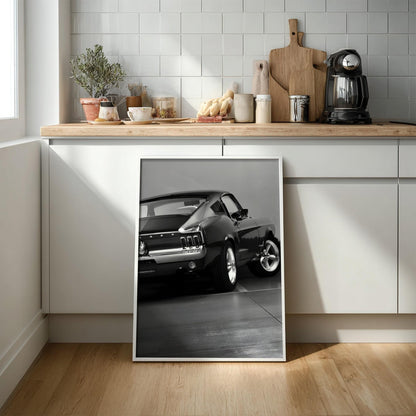 Classic Mustang Fastback Print | Black and White Muscle Car Art | Rear View Auto Poster | Edgy Garage Decor | Dark Cinematic Wall Art