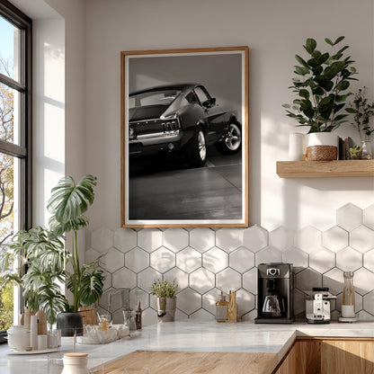 Classic Mustang Fastback Print | Black and White Muscle Car Art | Rear View Auto Poster | Edgy Garage Decor | Dark Cinematic Wall Art