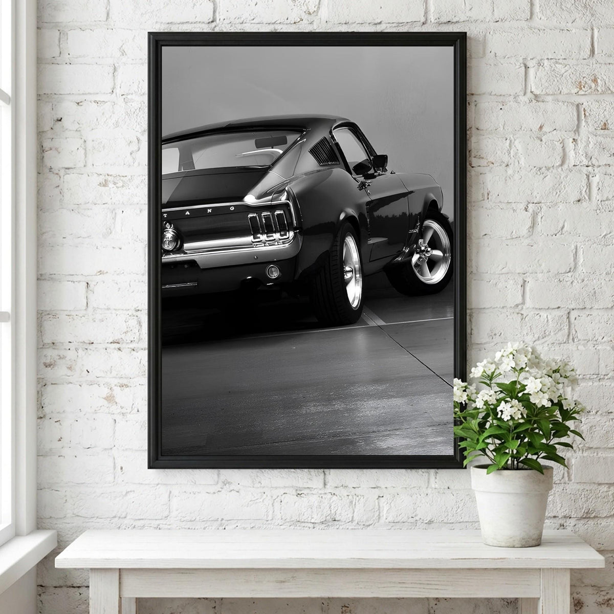 Classic Mustang Fastback Print | Black and White Muscle Car Art | Rear View Auto Poster | Edgy Garage Decor | Dark Cinematic Wall Art