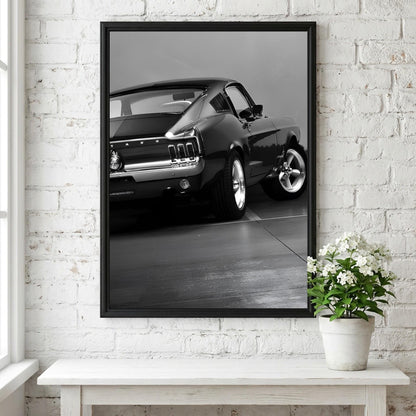 Classic Mustang Fastback Print | Black and White Muscle Car Art | Rear View Auto Poster | Edgy Garage Decor | Dark Cinematic Wall Art