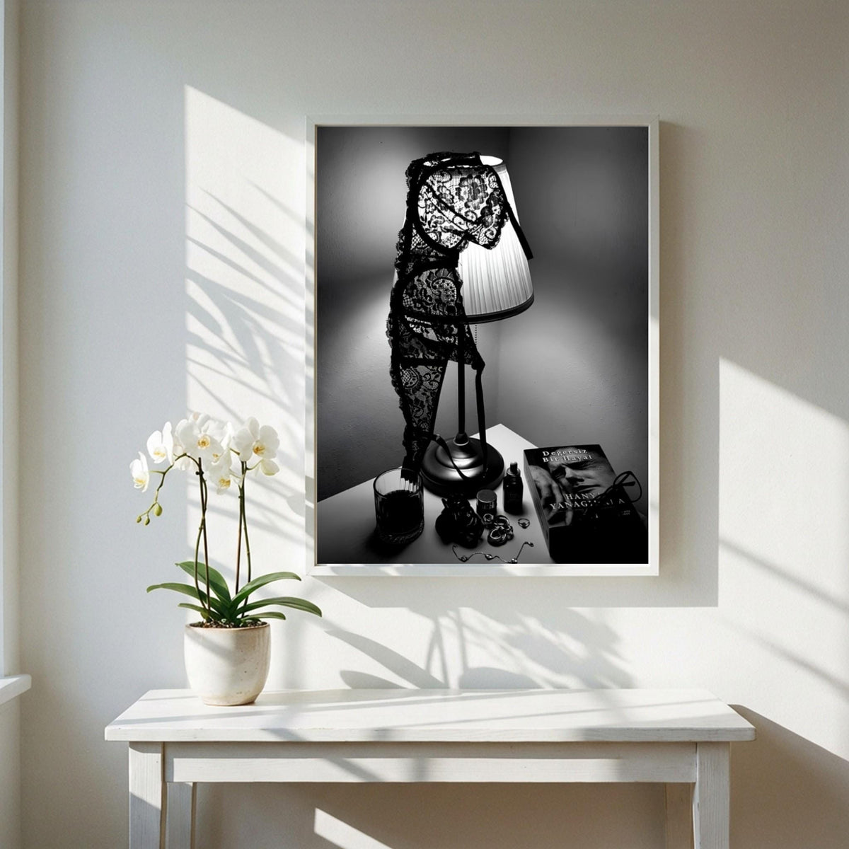 Dark Academia Wall Art | Lingerie on Lamp Print | Black and White Bedroom Decor | Moody Aesthetic Poster | Boss Lady Decor