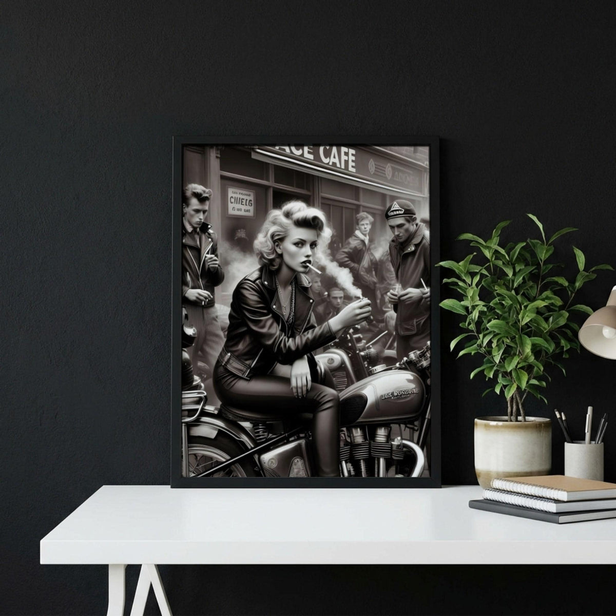 Ace Cafe Biker Print | Black and White Motorcycle Art | Vintage Rebel Woman Poster | Edgy Boss Lady Decor | Cinematic Cafe Racer Art