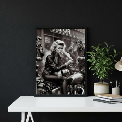 Ace Cafe Biker Print | Black and White Motorcycle Art | Vintage Rebel Woman Poster | Edgy Boss Lady Decor | Cinematic Cafe Racer Art