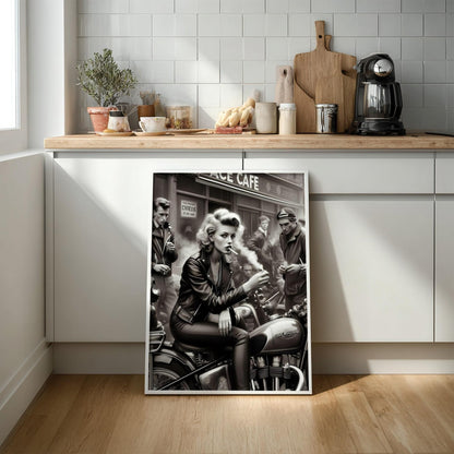 Ace Cafe Biker Print | Black and White Motorcycle Art | Vintage Rebel Woman Poster | Edgy Boss Lady Decor | Cinematic Cafe Racer Art