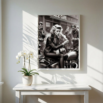 Ace Cafe Biker Print | Black and White Motorcycle Art | Vintage Rebel Woman Poster | Edgy Boss Lady Decor | Cinematic Cafe Racer Art