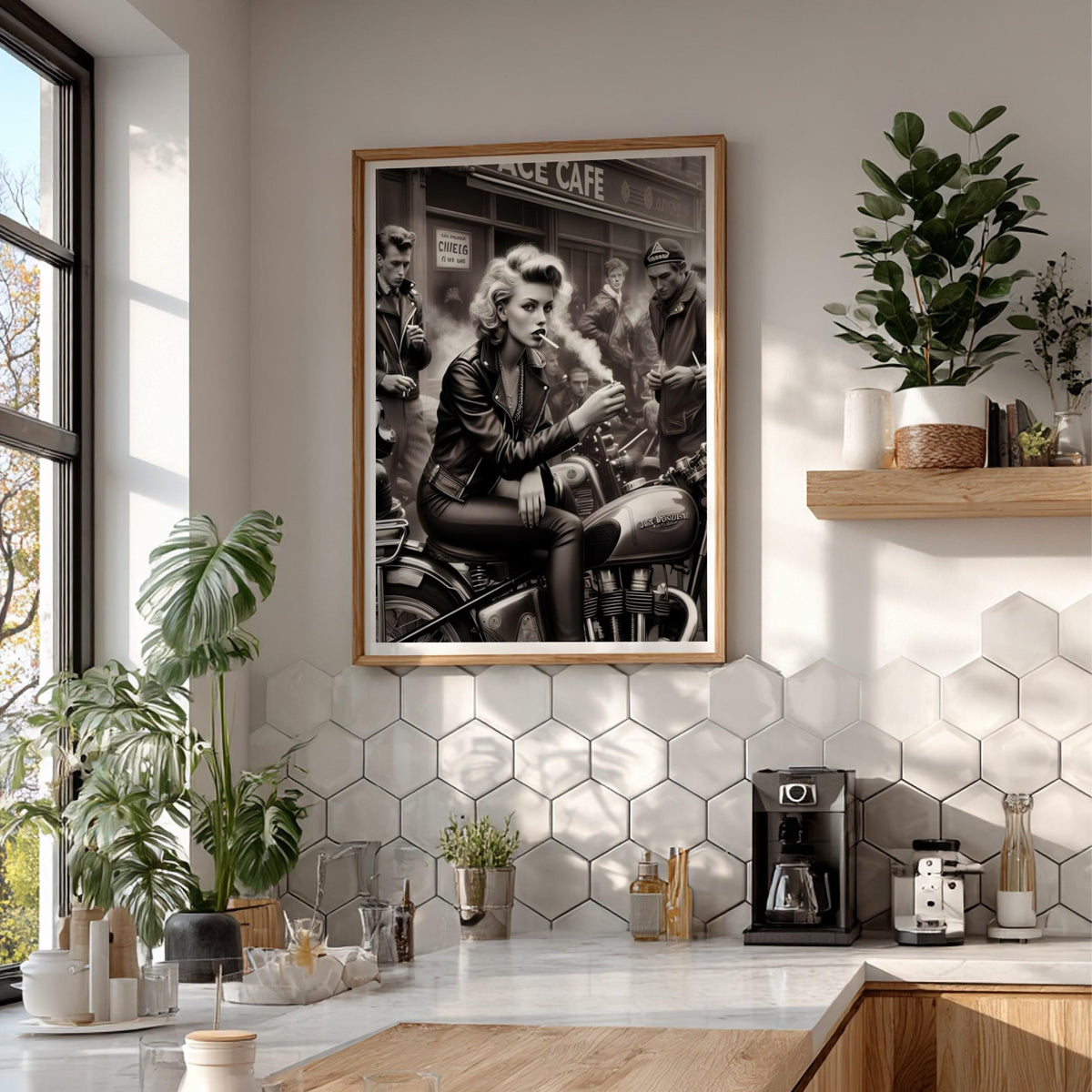 Ace Cafe Biker Print | Black and White Motorcycle Art | Vintage Rebel Woman Poster | Edgy Boss Lady Decor | Cinematic Cafe Racer Art