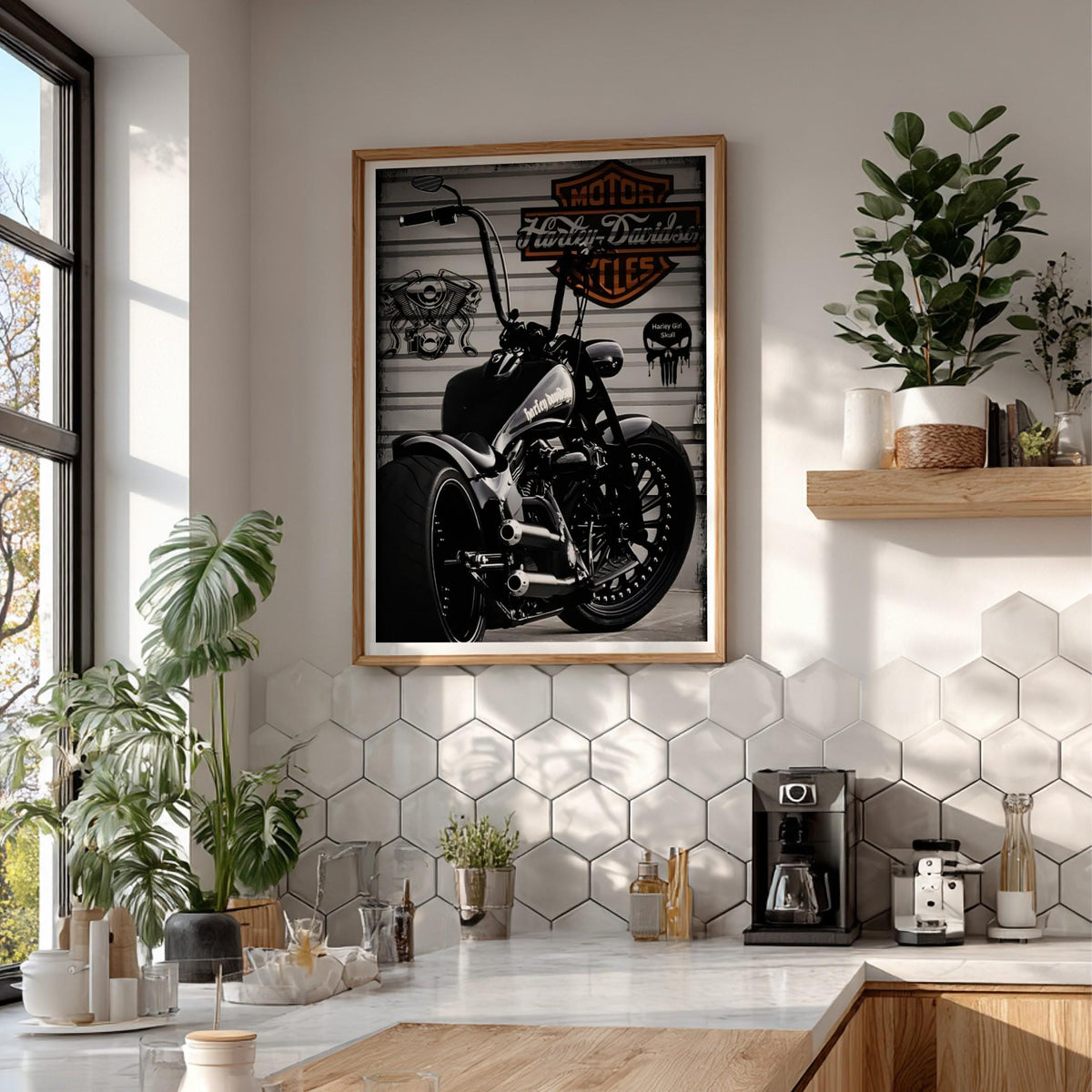Custom Motorcycle Print | Dark Garage Wall Art | Black and White Biker Poster | Industrial Chopper Decor | Boss Energy Art