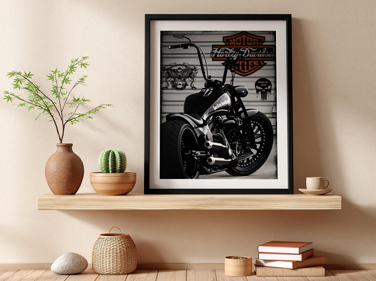 Custom Motorcycle Print | Dark Garage Wall Art | Black and White Biker Poster | Industrial Chopper Decor | Boss Energy Art