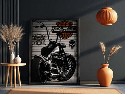 Custom Motorcycle Print | Dark Garage Wall Art | Black and White Biker Poster | Industrial Chopper Decor | Boss Energy Art