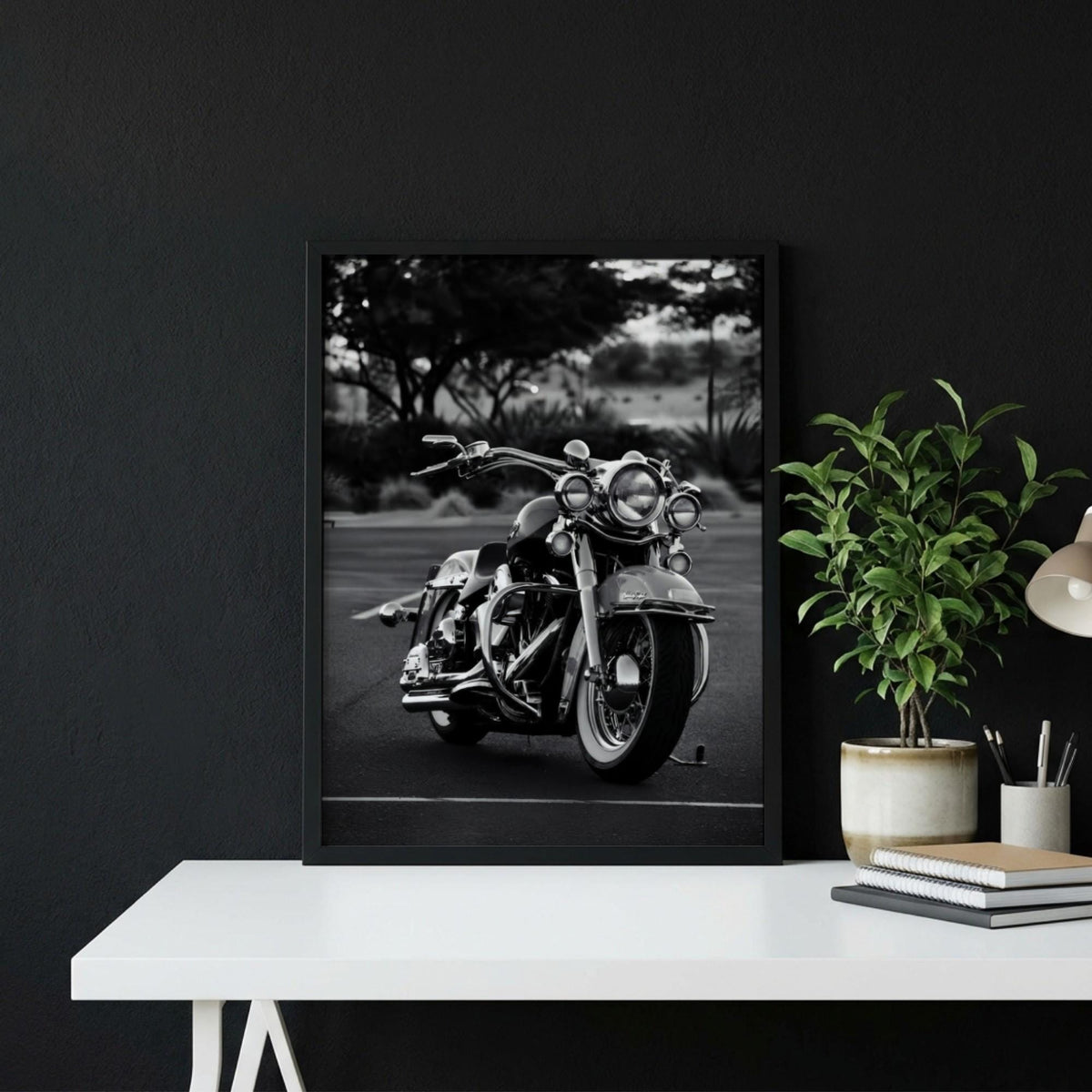 Classic Cruiser Motorcycle Print | Black and White Biker Art | Vintage Chrome Poster | Edgy Garage Decor | Moody Automotive Wall Art