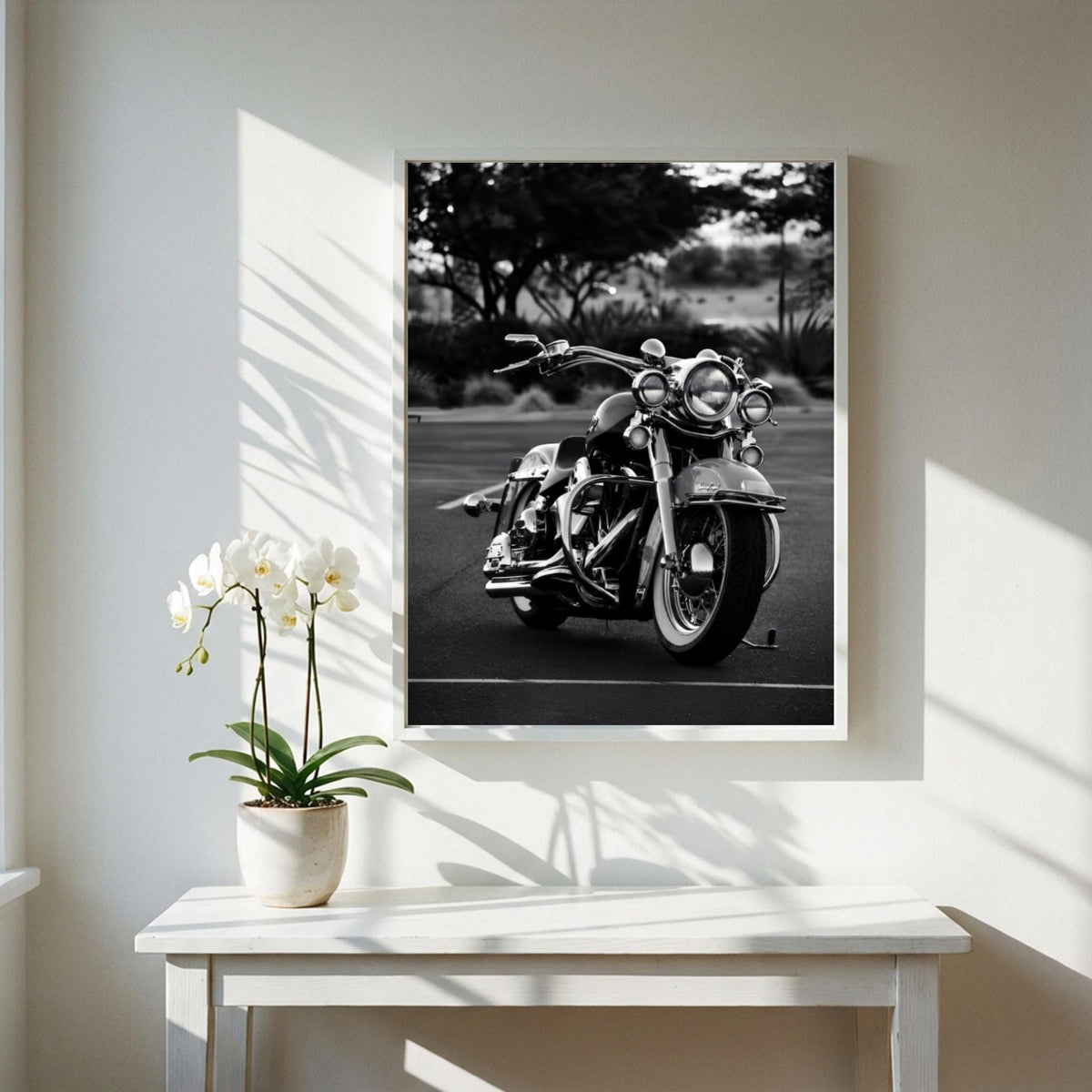 Classic Cruiser Motorcycle Print | Black and White Biker Art | Vintage Chrome Poster | Edgy Garage Decor | Moody Automotive Wall Art