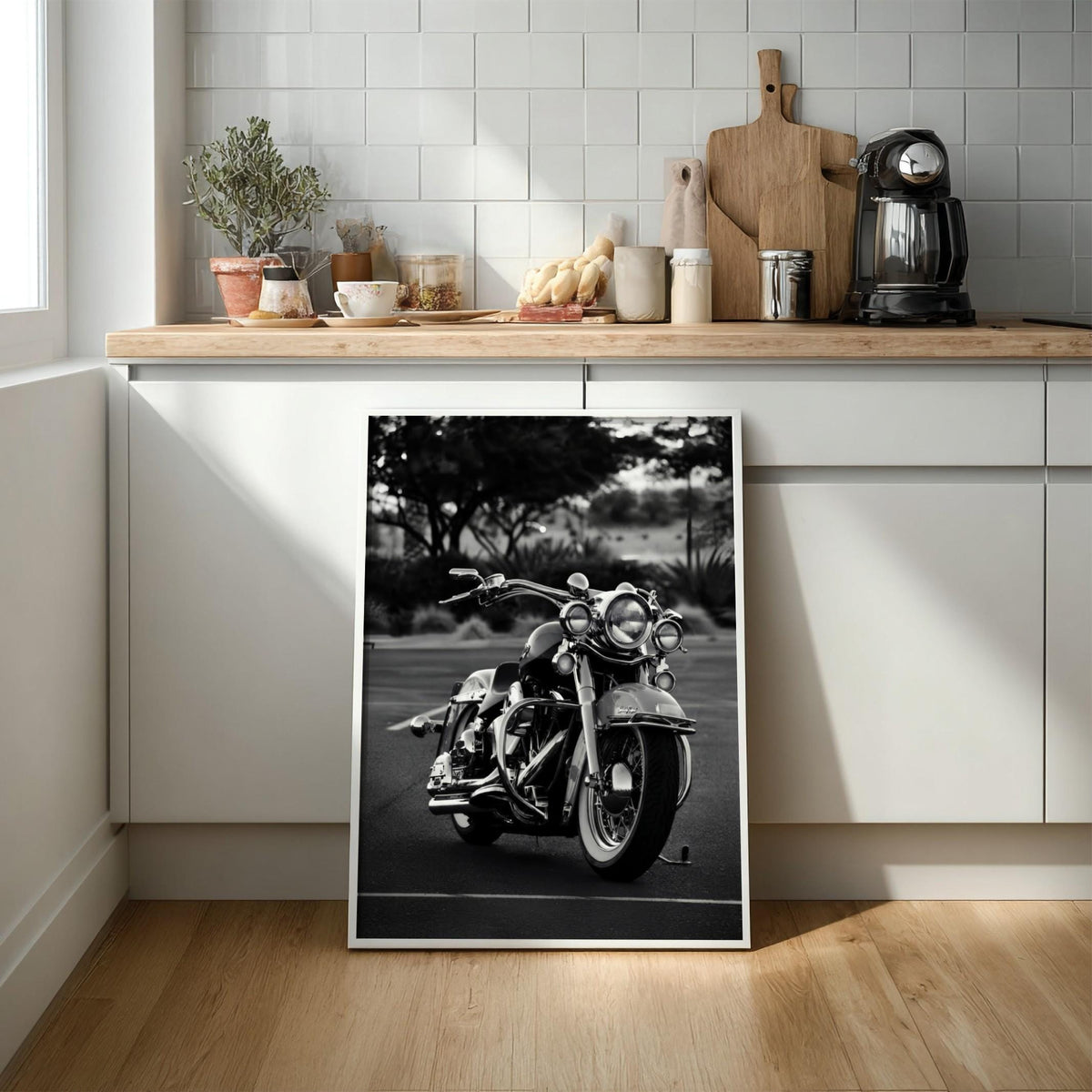 Classic Cruiser Motorcycle Print | Black and White Biker Art | Vintage Chrome Poster | Edgy Garage Decor | Moody Automotive Wall Art