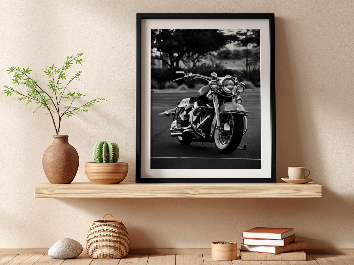 Classic Cruiser Motorcycle Print | Black and White Biker Art | Vintage Chrome Poster | Edgy Garage Decor | Moody Automotive Wall Art