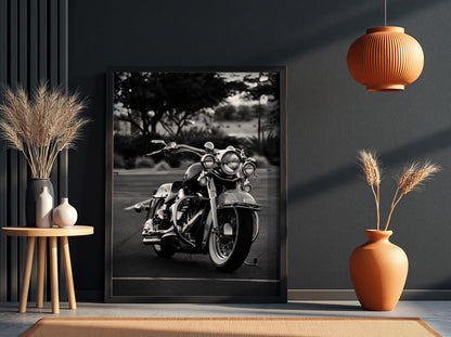 Classic Cruiser Motorcycle Print | Black and White Biker Art | Vintage Chrome Poster | Edgy Garage Decor | Moody Automotive Wall Art