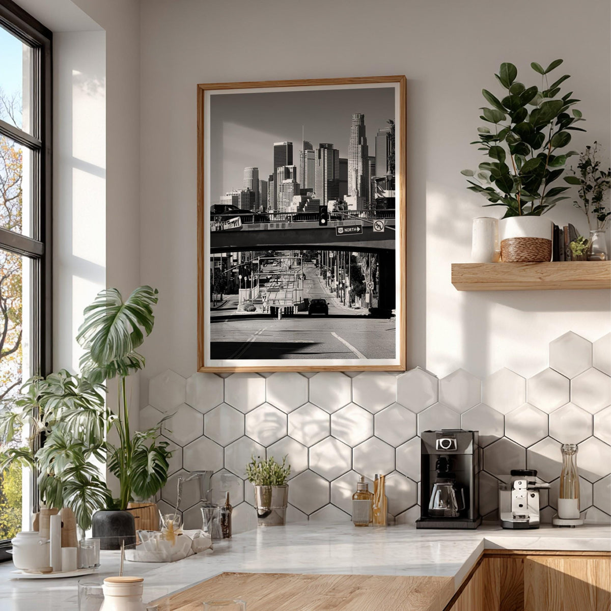 Los Angeles Skyline Print | Downtown LA Architecture Art | Black and White Cityscape Poster | 101 Freeway Decor | Cinematic Urban Art