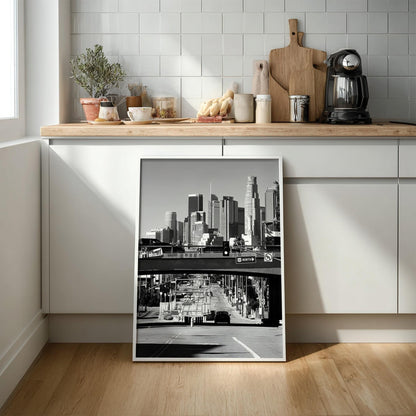 Los Angeles Skyline Print | Downtown LA Architecture Art | Black and White Cityscape Poster | 101 Freeway Decor | Cinematic Urban Art