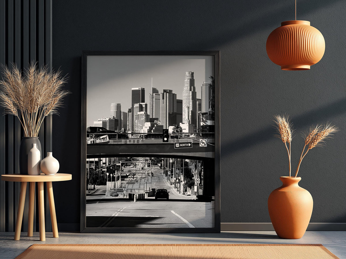 Los Angeles Skyline Print | Downtown LA Architecture Art | Black and White Cityscape Poster | 101 Freeway Decor | Cinematic Urban Art