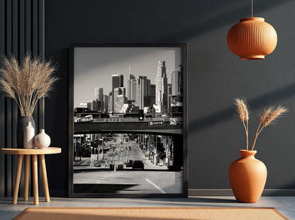 Los Angeles Skyline Print | Downtown LA Architecture Art | Black and White Cityscape Poster | 101 Freeway Decor | Cinematic Urban Art