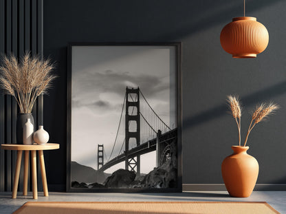 Golden Gate Bridge Print | San Francisco Architecture Art | Black and White Landmark Poster | Moody Cityscape Decor | Industrial Bridge Art