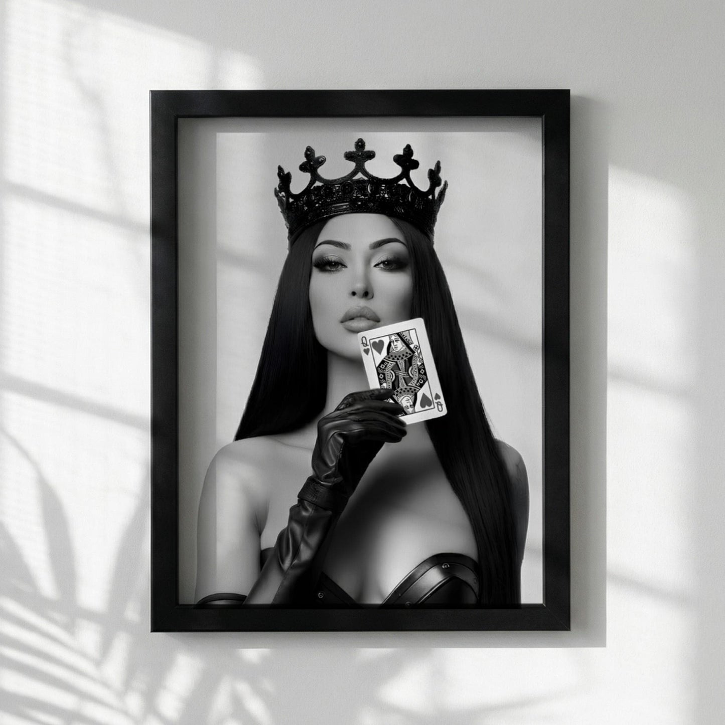 Queen of Hearts Poster, Black and White Fashion Wall Art, Edgy Crown Portrait Print, Playing Card Decor, Modern Glamour Art Print