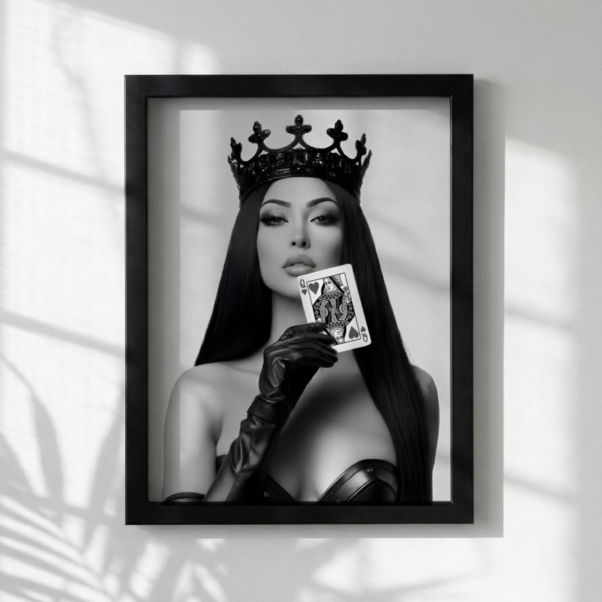 Queen of Hearts Poster, Black and White Fashion Wall Art, Edgy Crown Portrait Print, Playing Card Decor, Modern Glamour Art Print