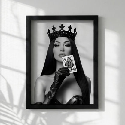 Queen of Hearts Poster, Black and White Fashion Wall Art, Edgy Crown Portrait Print, Playing Card Decor, Modern Glamour Art Print